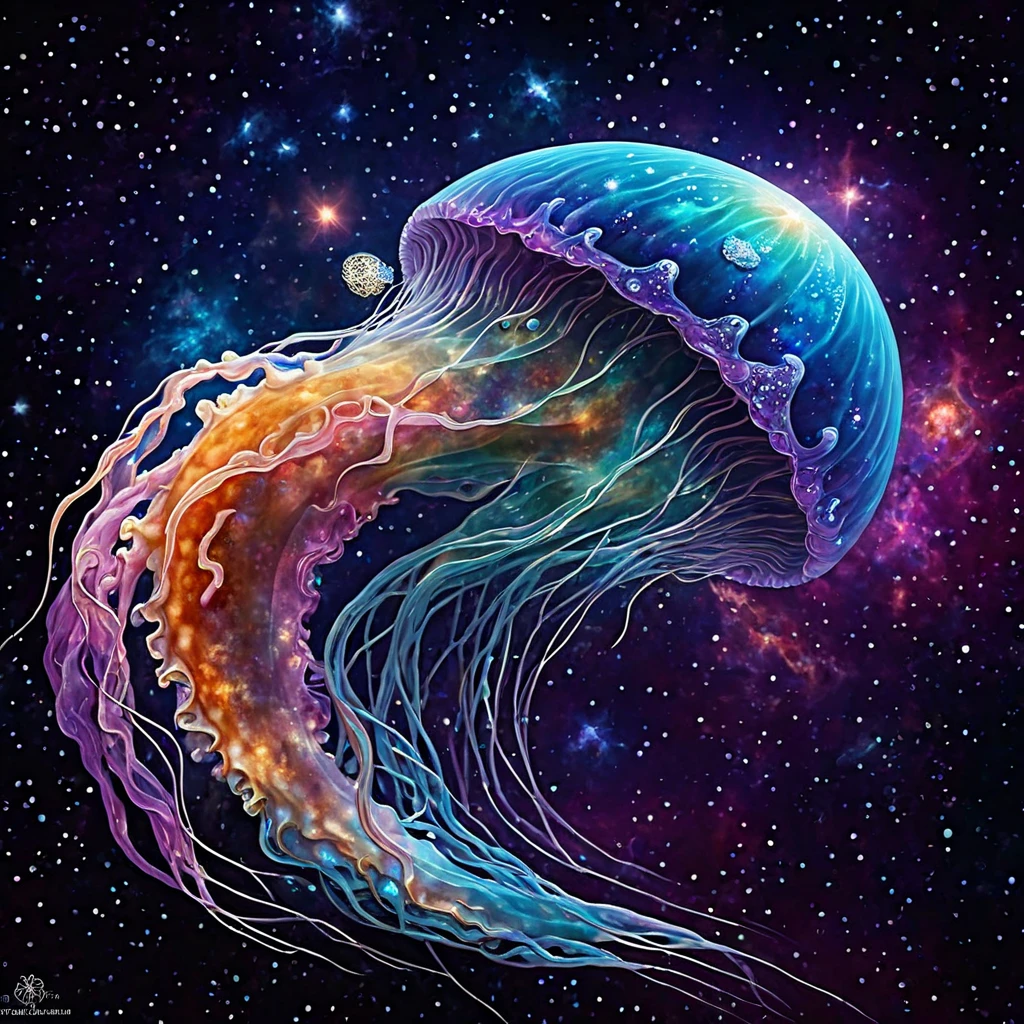 gem,正確なディテールのJellyfish,Jellyfish,Deep sea jellyfish with , galaxy,  high resolution,masterpiece,  realistic anatomy ,  top quality, high definition ,
Outer space with stars and planets, Vibrant colors and space textures, --auto
