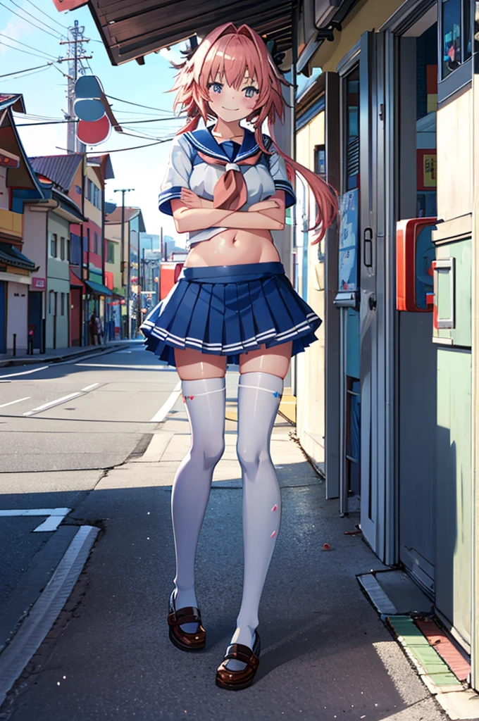 a cute solo girl ,blue twintail hair,hair bow, hair ribbon,sexy big breast,wearing a japan school uniform, blue sailor collar, blue skirt,bloat belly, white thighhighs,face red and embarrassed,smile ,standing sexypose in a city at afternoon time , full body .