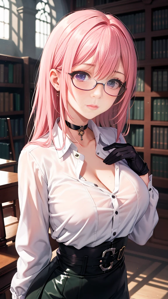 1 girl, Yanagi Tsukishiro , Alone, standing,  beautiful breasts , sensual lips,  pink hair,  seen from the front,  looking at the spectator,  beautiful eyes ,  detailed eyes , purple eyes, simple samurai shoulder pad , glasses,  choker :1.6, ( black gloves),  shiny high waist mini skirt,  white shirt with collar,  dark green neck strap,  shy expression ,  gunman shot, Gothic style library ,  dark gothic style 