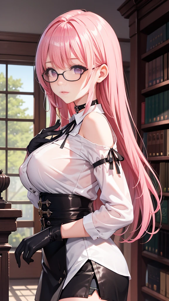 1 girl, Yanagi Tsukishiro , Alone, standing,  beautiful breasts , sensual lips,  pink hair,  seen from the front,  looking at the spectator,  beautiful eyes ,  detailed eyes , purple eyes, simple samurai shoulder pad , glasses,  choker :1.6, ( black gloves),  shiny high waist mini skirt,  white shirt with collar,  dark green neck strap,  shy expression ,  gunman shot, Gothic style library ,  dark gothic style 