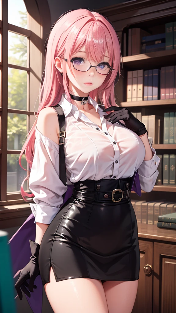 1 girl, Yanagi Tsukishiro , Alone, standing,  beautiful breasts , sensual lips,  pink hair,  seen from the front,  looking at the spectator,  beautiful eyes ,  detailed eyes , purple eyes, simple samurai shoulder pad , glasses,  choker :1.6, ( black gloves),  shiny high waist mini skirt,  white shirt with collar,  dark green neck strap,  shy expression ,  gunman shot, Gothic style library ,  dark gothic style 