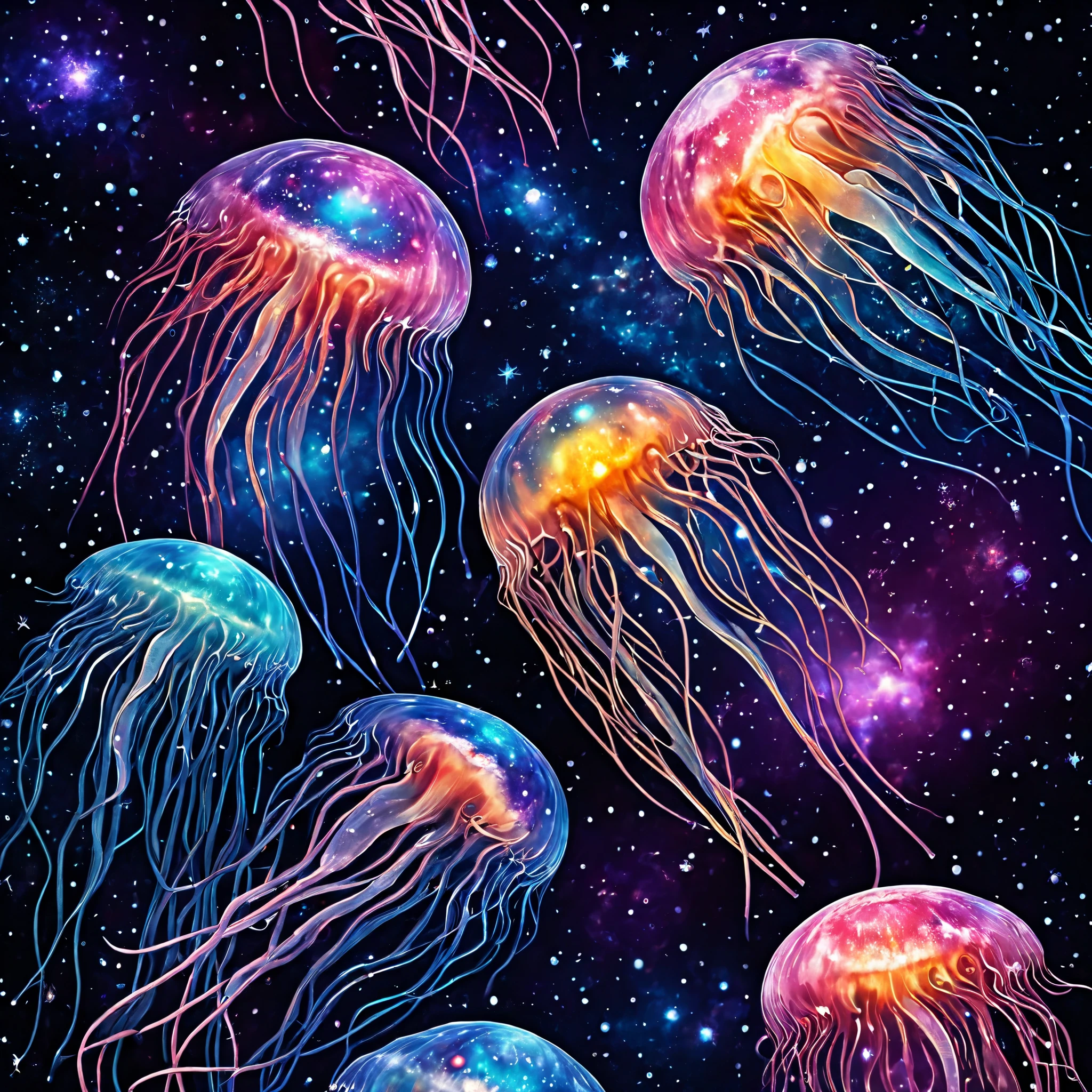 gem,正確なディテールのJellyfish,Jellyfish,Deep sea jellyfish with , galaxy,  high resolution,masterpiece,  realistic anatomy ,  top quality, high definition ,
Outer space with stars and planets, Vibrant colors and space textures, --auto
