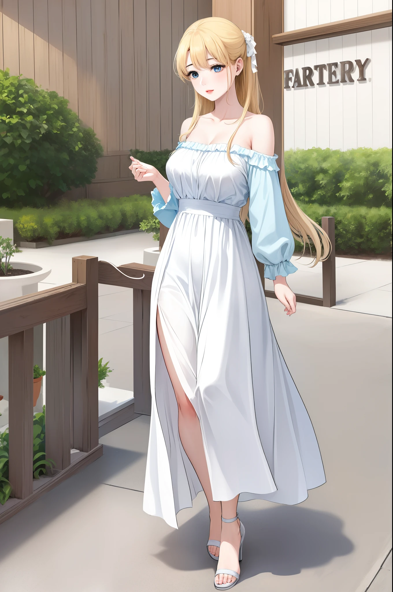 An extremely gorgeous stunning beautiful cute feminine mother with long straight blonde hair tied with a white ribbon, extremely fair white skin, big green-blue hazel eyes, plump red glossy lips, a plain simple smile, a plain thin slim normal body, tender arms, and a plain expression, wearing a simple long floor-length modest sky blue floral dress with a cardigan worn in an off-shoulder style, flat heels, standing straight, garden in the background, show full drawing from head to feet.