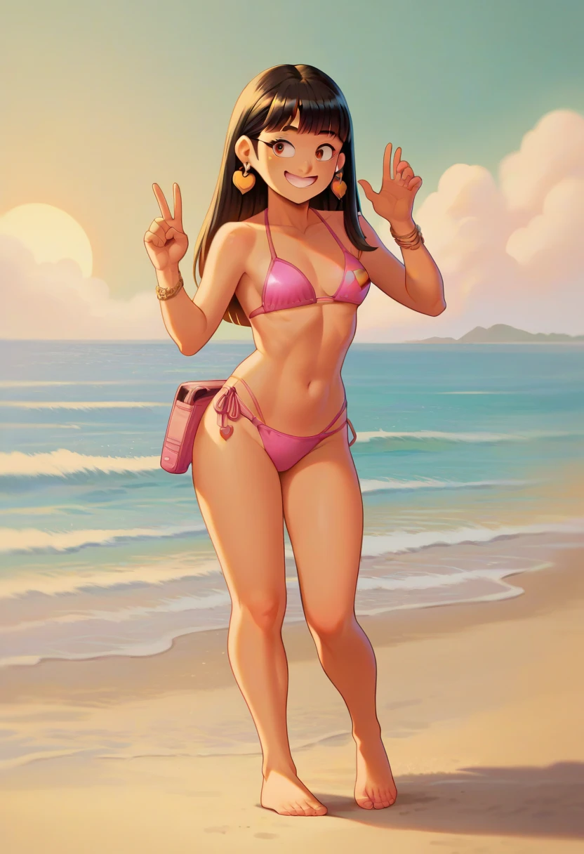 1 girl,  long black hair ,  hair with bangs , brown eyes, diadema,  heart earrings , Pink Bikini,     looking at the spectator,  on the beach, sunshine,  Light smile, standing,  full body, qualification_safe,