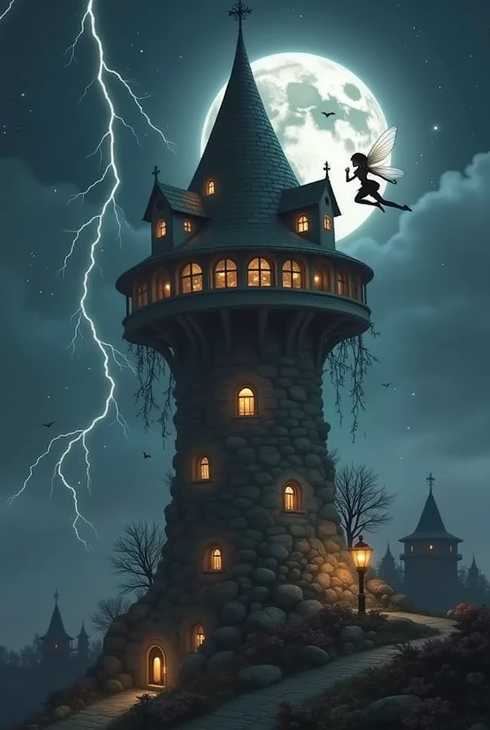 (RAW photo, real photo, high quality, masterpiece), ((evil tower in dark color), evil tower is in circles cone shape with many windows on the wall and tower with 4 legs support on ground, tower is higher than outer space, night and moon and lightning ), 1 beautiful fairy fly near the tower, details face, dark dressing, dark leggings, slim cut 