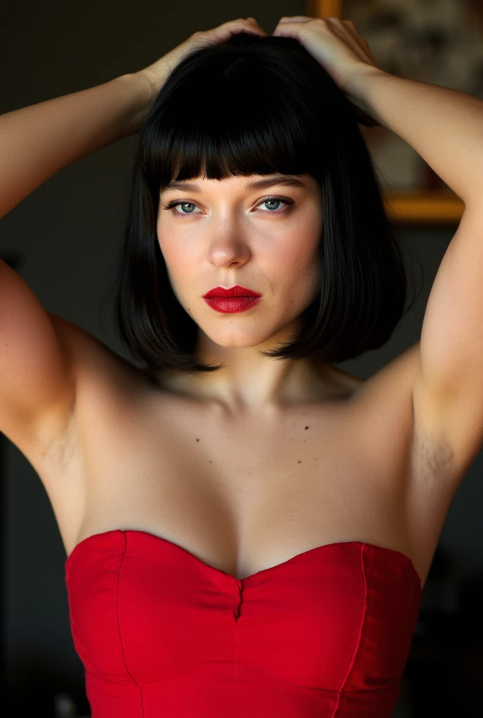 Lea seydoux, photo, seductive, black bob cut straight hair with bangs, detailed face, fixing hair, red strapless dress