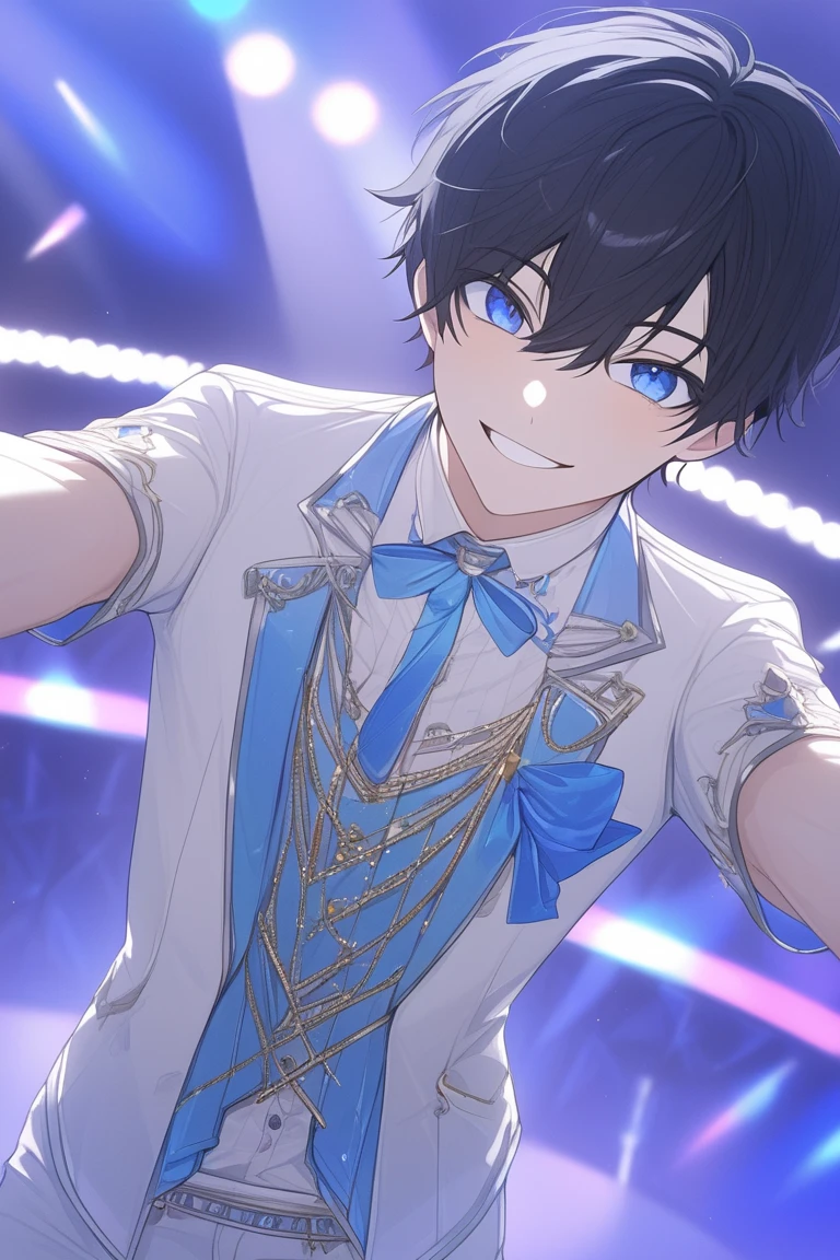 (( top quality)), ((masterpiece)), (  Details),  one boy,Idol,birthday, stage,pants,POV shot ,looking at the camera,slim,blue eyes,black hair,happy smile,solid blue background,face