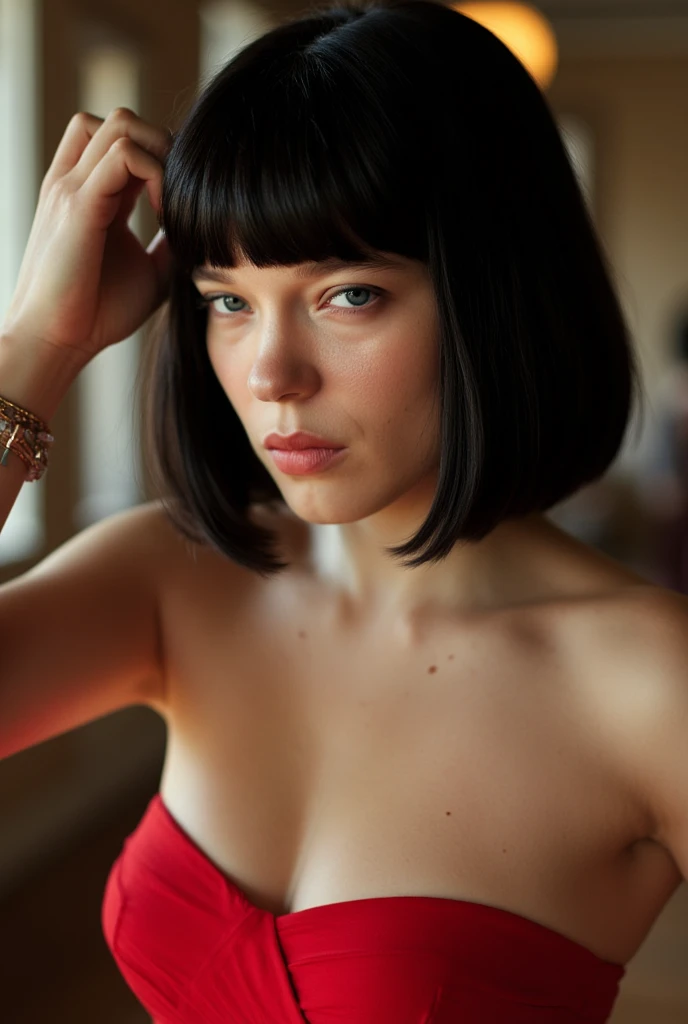 Lea seydoux, photo, seductive, black bob cut straight hair with bangs, detailed face, fixing hair, red strapless dress