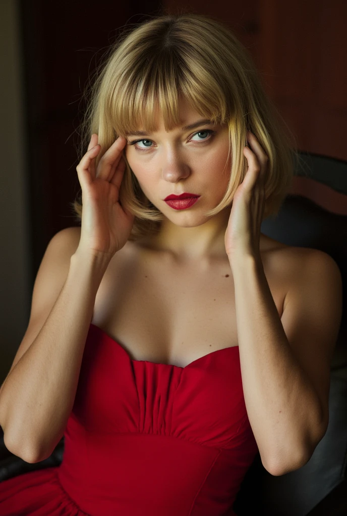 Lea seydoux, photo, seductive, blonde bob cut straight hair with bangs, detailed face, fixing hair, red strapless dress