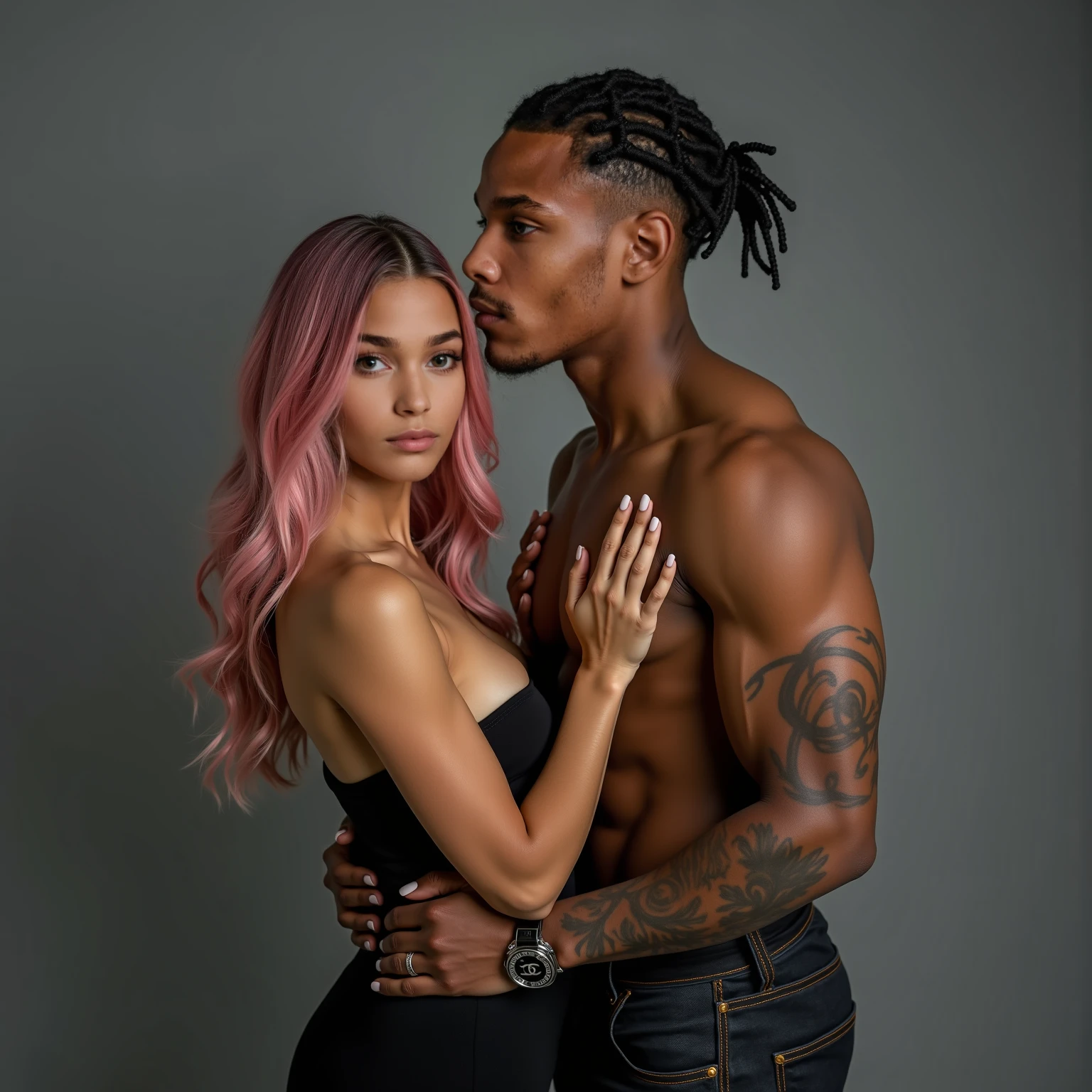 <lora:bbcslfe:.9>, bbcslfe, blkd,  1girl, looking at viewer, 1boy,  selfie, navel,  hetero,   penis, , dark skin, uncensored, erection,  dark-skinned male,, male pubic hair, handjob,,  [gorilla:6], 
21 year old,  
perfect skin perfect face ,
 European   supermodel,
pretty face, , pretty eyes,
Flamingo Pink hair , 
photorealistic ,
 depth of field lighting, real life, 
RAW photo, subject, 8k uhd,  soft lighting, high quality, film grain,  ,
realistic,