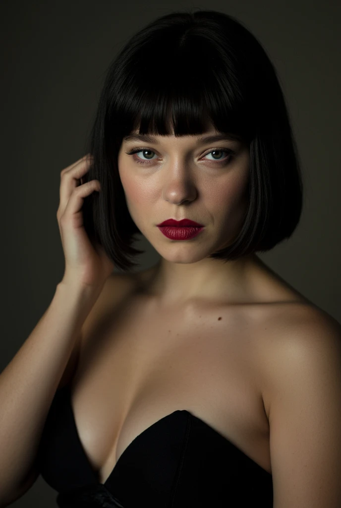 Lea seydoux, photo, standing frontally, seductive, black bob cut straight hair with bangs, detailed face, fixing hair, black strapless dress