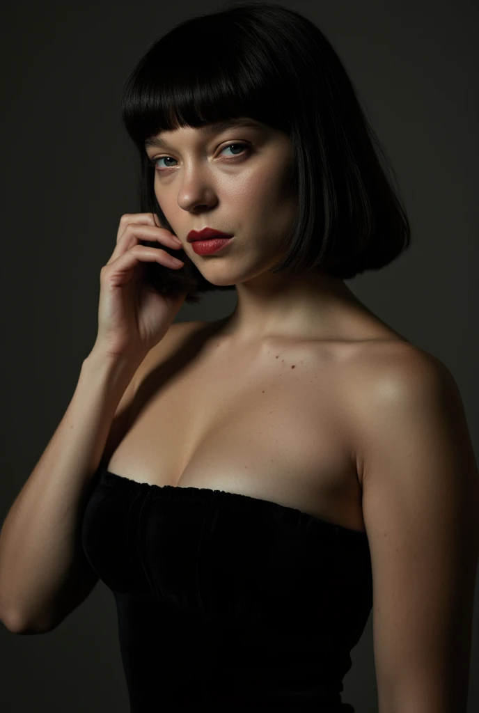 Lea seydoux, photo, standing frontally, seductive, black bob cut straight hair with bangs, detailed face, fixing hair, black strapless dress