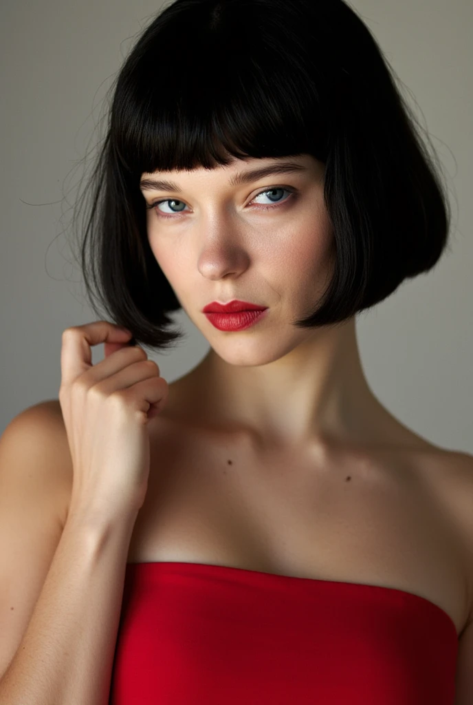 Lea seydoux, photo, standing frontally, seductive, black bob cut straight hair with bangs, detailed face, fixing hair, red strapless dress