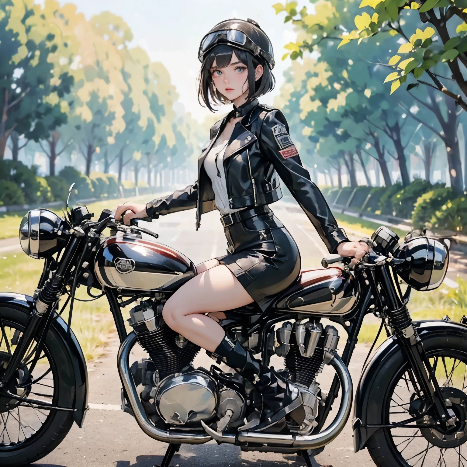 (Riding on motorcycle:1.2)、(Vintage Bikes、Bluff Superior SS100)、 Beautiful young woman、1 person、Beautiful Face, Beautiful and delicate eyes, Black Hair, Short Bob Hair、Classic Leather Jacket、Cromwell helmet with goggles、After the Rain、Isle of Man Races、English countryside、 Detailed Description、(Highest quality, masterpiece, High resolution)、8k、wallpaper