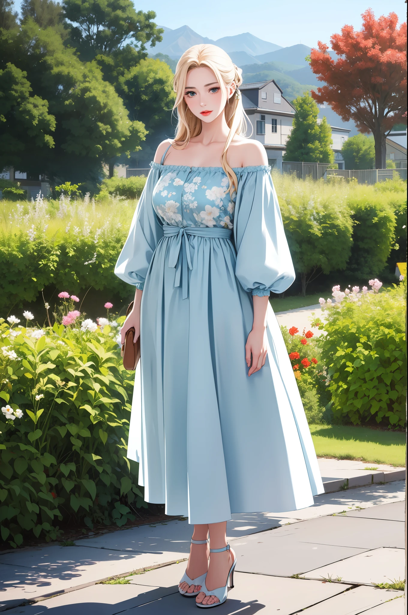 An extremely gorgeous stunning beautiful cute feminine mother with long straight blonde hair tied with a white ribbon, extremely fair white skin, big green-blue hazel eyes, plump red glossy lips, a plain simple smile, a plain thin slim normal body, tender arms, and a plain expression, wearing a simple long floor-length modest sky blue floral dress with a cardigan worn in an off-shoulder style, flat heels, standing straight, garden in the background, show full drawing from head to feet.