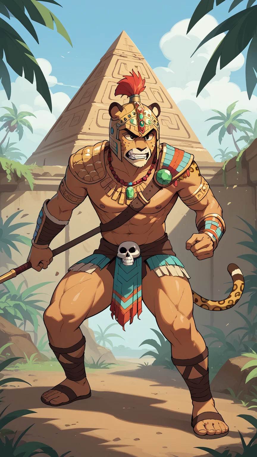 Imagine an Mayan Jaguar Warrior, wearing a Jaguar skull as helmet, bottom half man, fierce, muscular, wearing gems and gold jewelry, but also an mayan style armor, ready to fight, background of a pyramid in the middle of the jungle