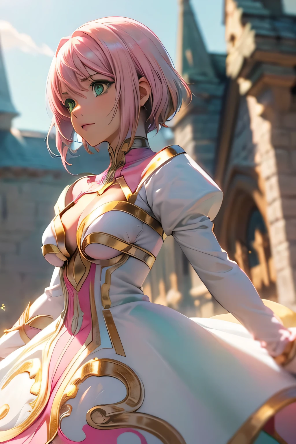  Perfect Anatomy　 top quality, highest resolution,(((white dress with metallic luster　 green eyes　 pink hair　small breasts)))　Estellise　[blurry]　16k　Castle
