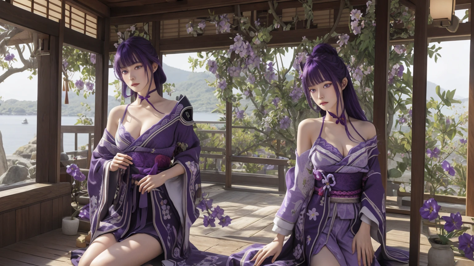 Best quality,Masterpiece,8K wallpaper,absurderes, A high resolution, Ultra detailed, (1 young and beautiful girl, Solo:1.1),Solo, Raiden Shogun, Japanese clothes,  Long hair, upper legs, bangs, hair adornments, Breasts, Purple hair,Shoulder armor, obijime, Armor, purple flower, ribbon,Moles under eyes, flower,Island of dreams: A place where your deepest wishes come true,Anime texture