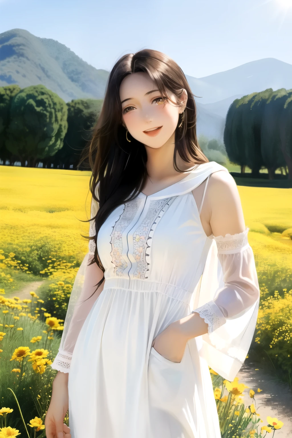 ( cute female :1.4),(( best quality )),(( Moroccan masterpiece )),(detailed),(innocente et joueuse),(sunny meadow),(fleurs sauvages colorées),(robe fluide),( sunny hair ),(pieds nus ),(sourire radieux:1.1),(la beauté de la nature),(hood joy ),(environnement dynamique),( Half-Length Hair {x} High Res:1.1)