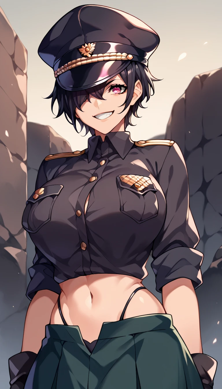 score_9, score_8_up, score_7_up, score_6_up, score_5_up, score_4_up, ( source_Anime),    1 girl , Big Breasts,  viewers of the pin, smile, tooth, black clothes,  short hair,  shirt, midriff,  skirt, thong,  black hair,  gloves,  has ,  clevis on a stone,   hair between eyes, clavicle,  black  gloves,  pink eye, Green, uniform, black  shirt,  black headwear , peaked cap, pocket, military  has , breast pocket,  partially unbuttoned,  has  tip,  has  over one eye, indoor, military, military base, upper body,  Purple Theme,