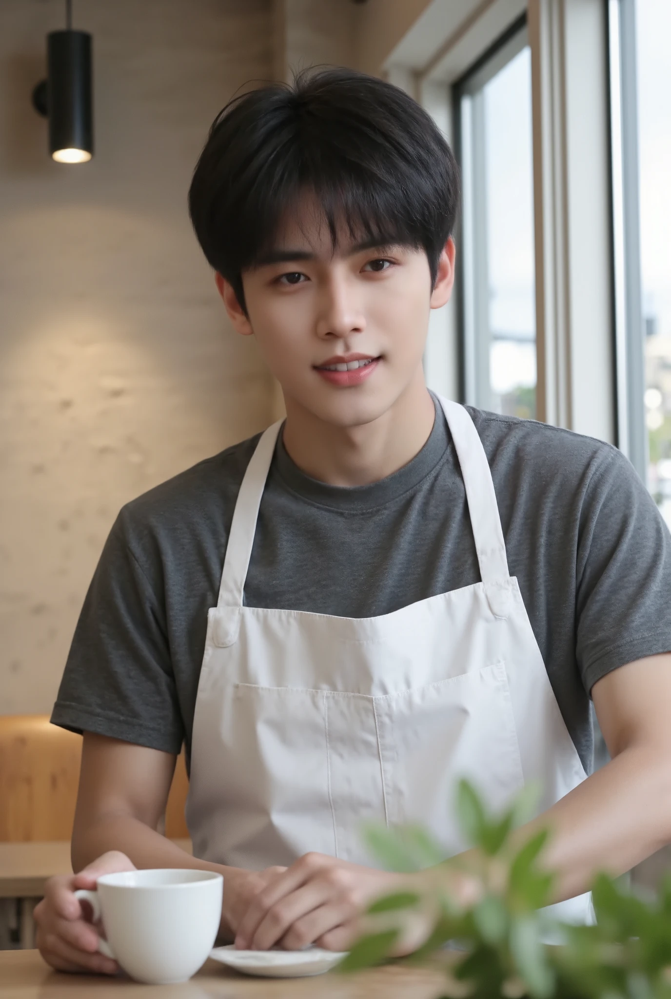 A man about 30 years old、Cafe staff、Handsome Asian Korean、 high image quality、photograph、 BEAUTY IN NATURAL LIGHT、smile、Wearing an apron