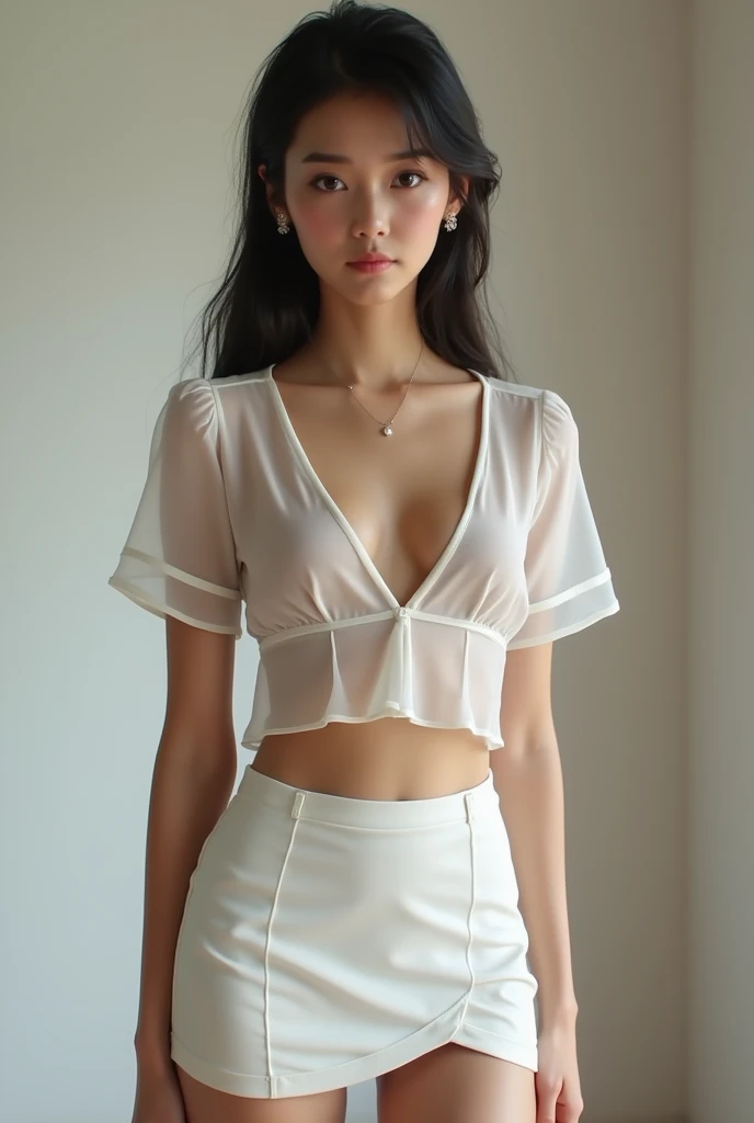 ((mejor calidad)), ((Obra maestra)),transparent mini blouse without bra with short mini skirt