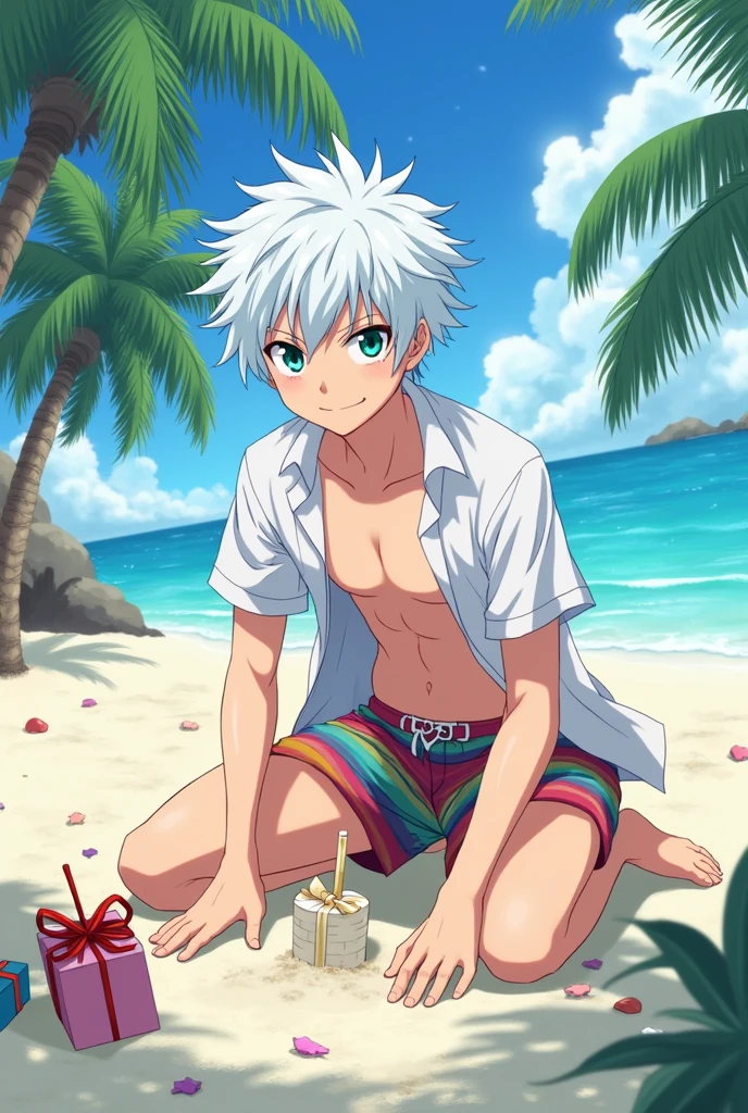 Looks like a handsome teenager,fair skin,Hair color white,Slim figure,Background seaside,blue eyes,The upper body is shirtless,Wearing shorts on the lower body,Smile for the camera,pile of sand on the beach,anime style