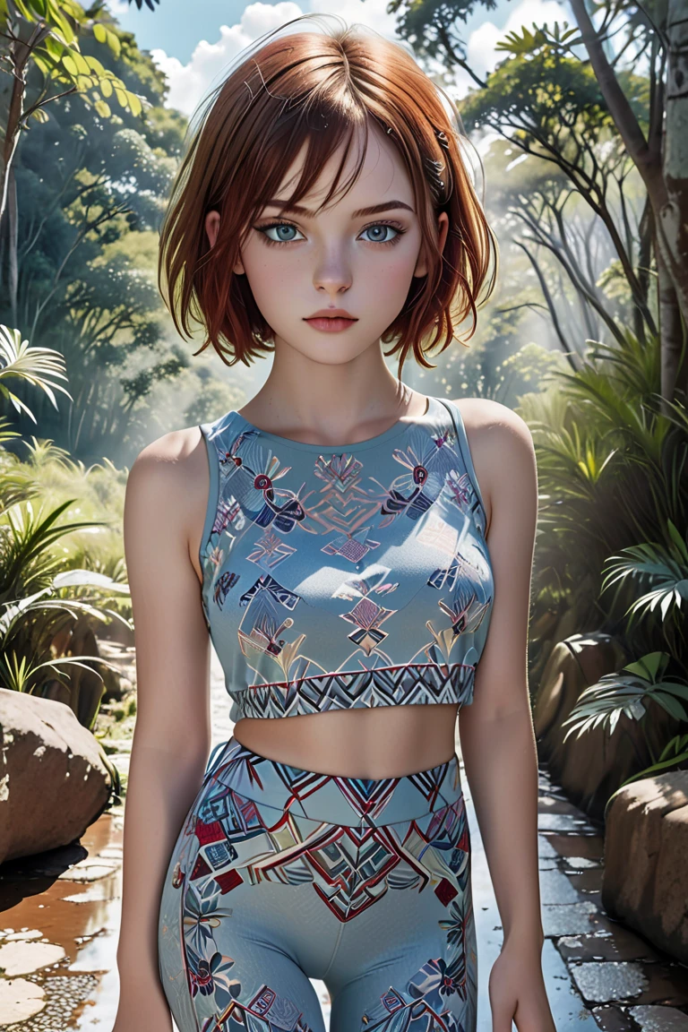 A Caucasian teenage model of rare beauty, with slightly tanned white skin, short red hair in a bob cut, small, perky breasts, distracted gray green eyes, and long, delicate hands. She is wearing a vanilla blue top with turquoise geometric patterns, violet leggings, and lilac hiking shoes. She is walking in a forest of tropical trees with a rustic stone floor. Damp, reflective floor, vanilla blue sky, backlit sun, cumulonimbus cloud. 
Color photograph (primary colors)Camera Canon EOS R6 Mark II, 55 mm, ISO 100,400, 4K