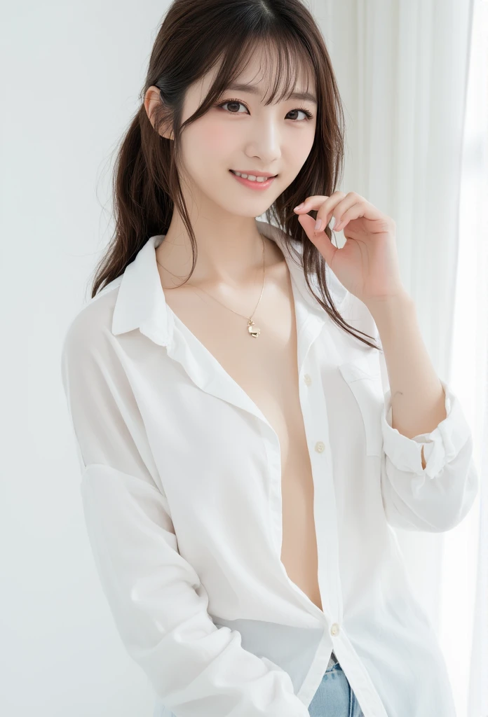   close-up portrait of a cute thing sitting young asian woman standing on a pure white background .   the woman has dark brown hair with bangs  ,   bright eyes and dark brown eyebrows  , and dark brown eyes.  She's Smiling ,   her lips are slightly slack  ,  and she has ringed  ,  pink cheeks.   the woman's hair is pulled back  ,   bangs pulled back from above 、It's flowing down her forehead  .   she's buttoned on her collar 、 wearing a long sleeve white shirt buttoned on her chest .  She's posing for the camera  .   her right arm is facing the side of the frame  ,   x} and one ear on her left wrist are hidden below her waist while open  . 