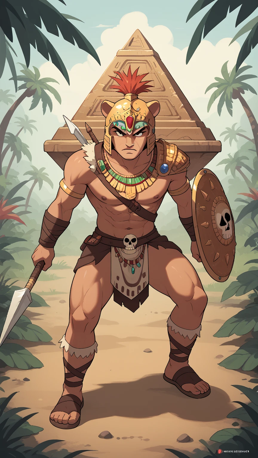 Imagine an Mayan Jaguar Warrior, wearing a Jaguar skull as helmet, bottom half man, fierce, muscular, wearing gems and gold jewelry, but also an mayan style armor, ready to fight, background of a pyramid in the middle of the jungle, he has a spear and a shield