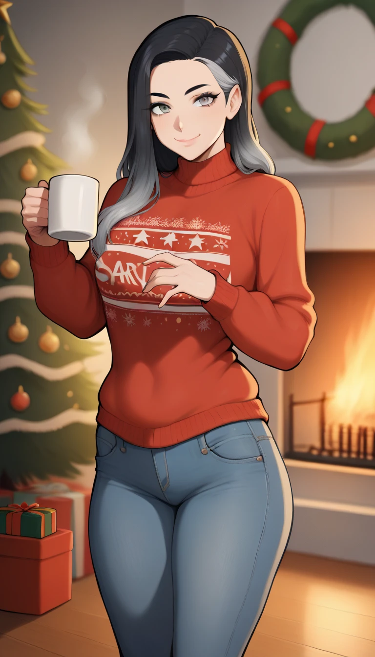 score_9, score_8_up, score_7_up, score_6_up, score_5_up, score_4_up, 1girl, long hair, multicolored hair, gradient hair, black hair with grey highlights, grey eyes, smile, christmas sweater, christmas jumper, red sweater, denim jeans, jeans, (one hand holding mug), holding a steaming mug, standing, christmas tree in the background, fireplace, detailed background, intricate scenery, bokeh, blurry background, in the style of afrobull, afrobull style, 