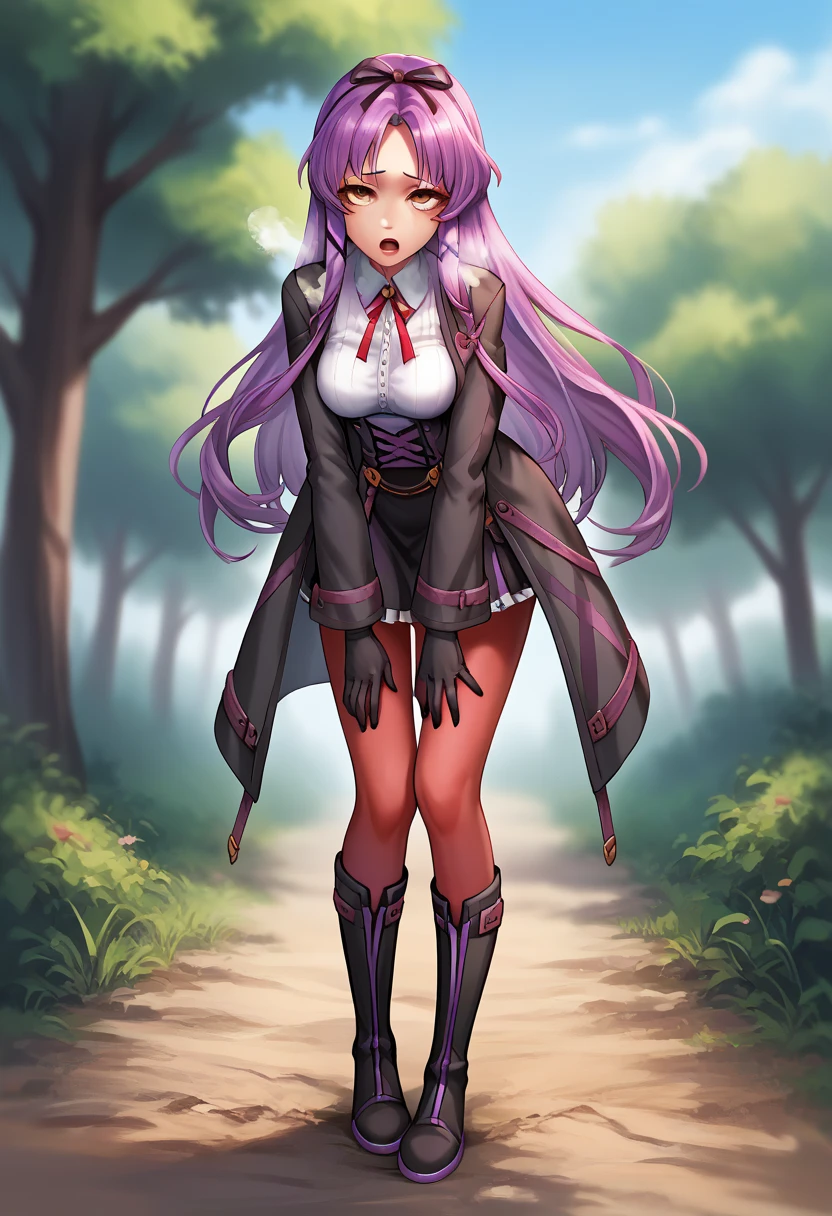 score_9, score_8_up, score_7_up, score_6_up, score_5_up, score_4_up, BREAK source_anime,
1girl, solo, erotic, full body shot, portrait ,  looking at viewer, outdoors, sky, trees,
racoonsan 
 Renne Bright, yellow eyes, purple hair, long hair, parted bangs, medium breasts, hair ribbon, black coat, white shirt, red pantyhose, black knee boots, short black skirt, frills, black gloves, standing up bending forward exhausted, moaning, heavy breathing, mouth open