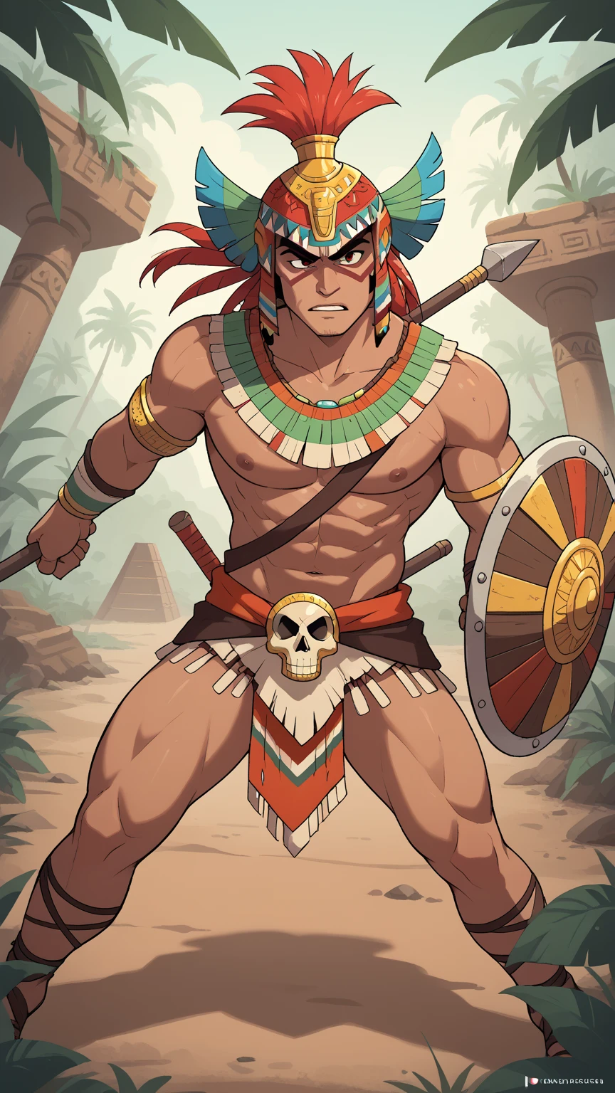 Imagine an Aztec Eagle Warrior, wearing an Eagle skull as helmet, bottom half man, fierce, muscular, wearing gems and gold jewelry, but also an mayan style armor, ready to fight, background of a pyramid in the middle of the jungle, he has a aztec sword and a shield