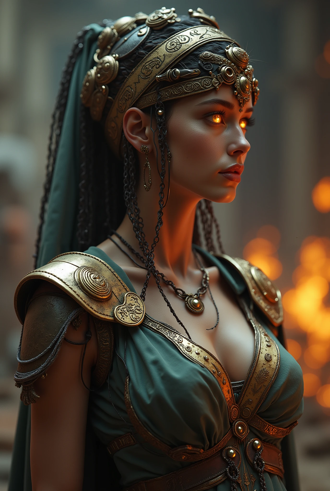 Roman goddess, Libertad, glowing eyes, head to breast, legionnaire cybernetics. High Resolution, Masterpiece, Award Winning, Best Quality, High Details, High Quality, UHD, Optical Illusion, Impressionism, Art Deco, Cinematic, Cinematography, Futurism, Hyperrealism, Photorealistic, Unreal Engine,