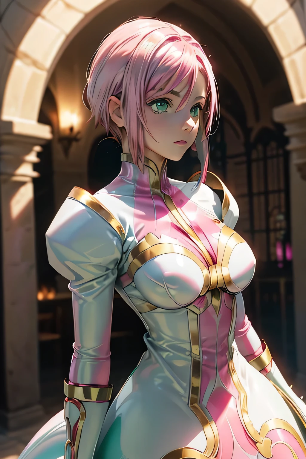  Perfect Anatomy　 top quality, highest resolution,(((metallic shiny latex white dress　 green eyes　 pink hair　small breasts)))　Estellise　[blurry]　16k　Castle