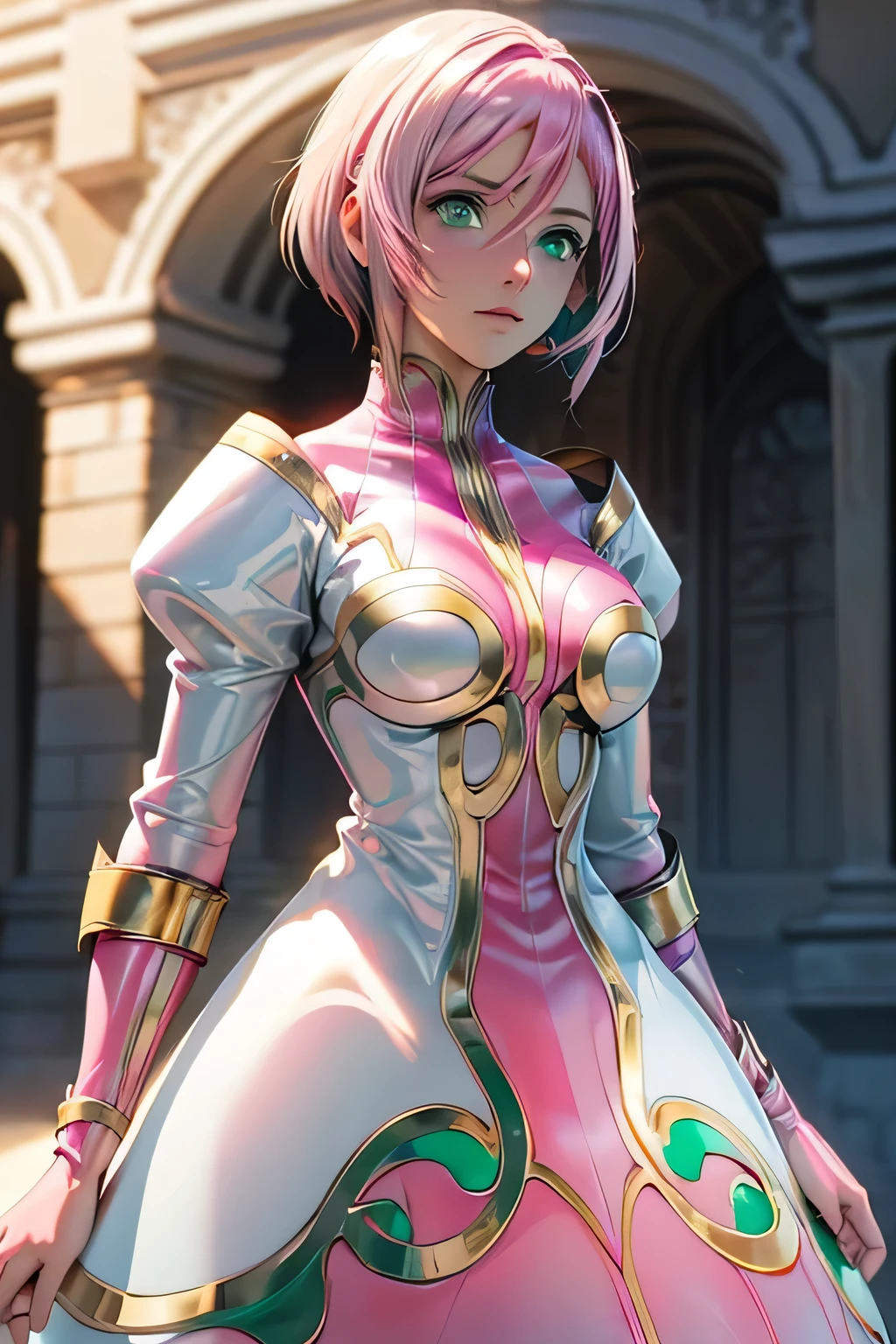  Perfect Anatomy　 top quality, highest resolution,(((metallic shiny latex white dress　 green eyes　 pink hair　small breasts)))　Estellise　[blurry]　16k　Castle