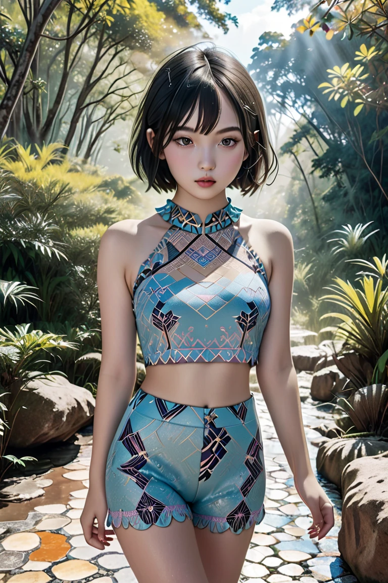 A Asian teenage model of rare beauty, with extremely pinkish white milky skin, short blackest hair in a bob cut, small, perky breasts, distracted brown eyes, and long, delicate hands. She is wearing a vanilla blue top with turquoise geometric patterns, violet leggings, and lilac hiking shoes. She is walking in a forest of tropical trees with a rustic stone floor. Damp, reflective floor, vanilla blue sky, backlit sun, cumulonimbus cloud. 
Color photograph (primary colors)Camera Canon EOS R6 Mark II, 55 mm, ISO 100,400, 4K