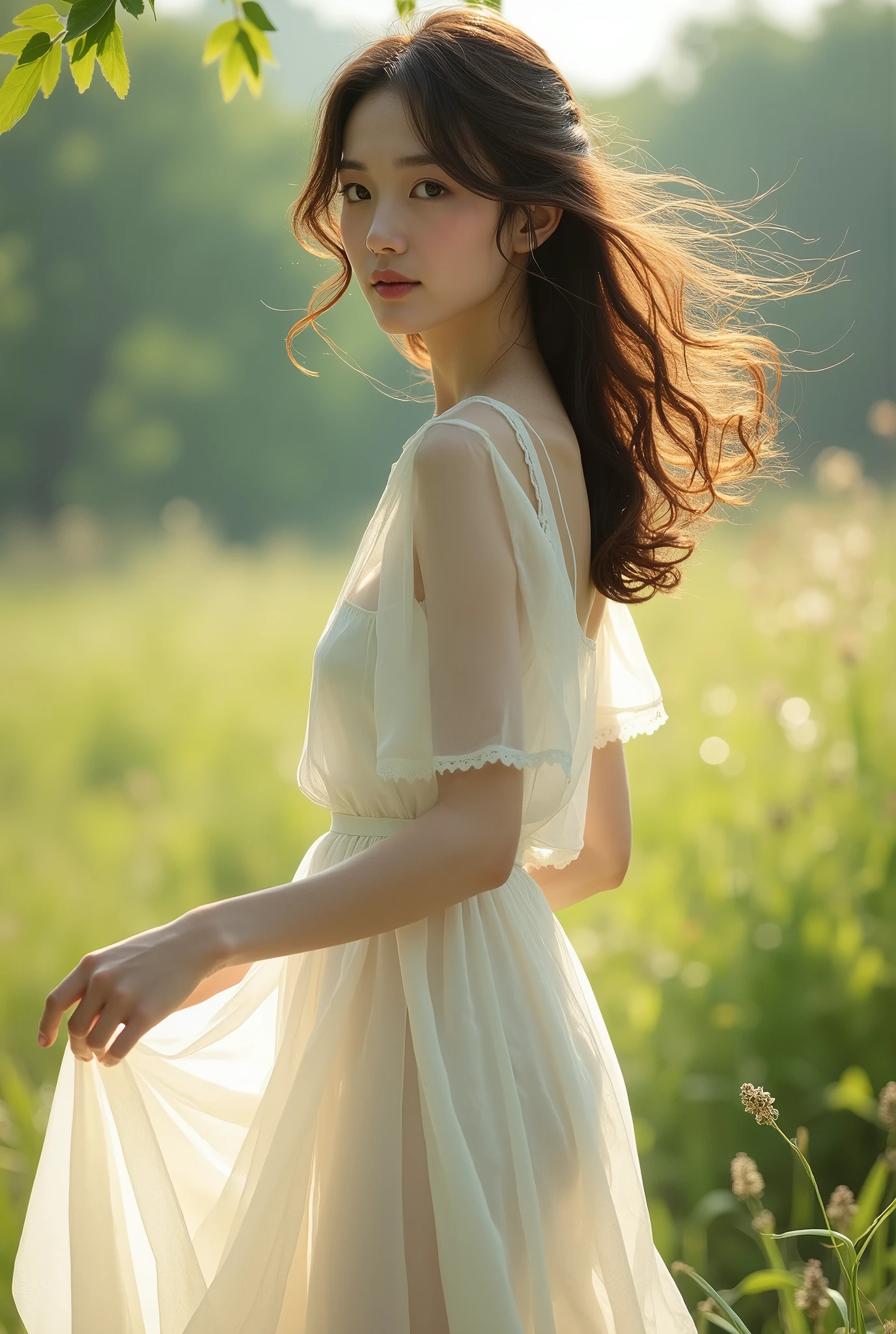  Straw Hat , Brown haired girl, white dress,  see-through, ((Model Ikuta Erika)),  Lush Scenery , The wind blows through,   strong sunshine ,  clear contrast , masterpiece,  top quality,  top quality