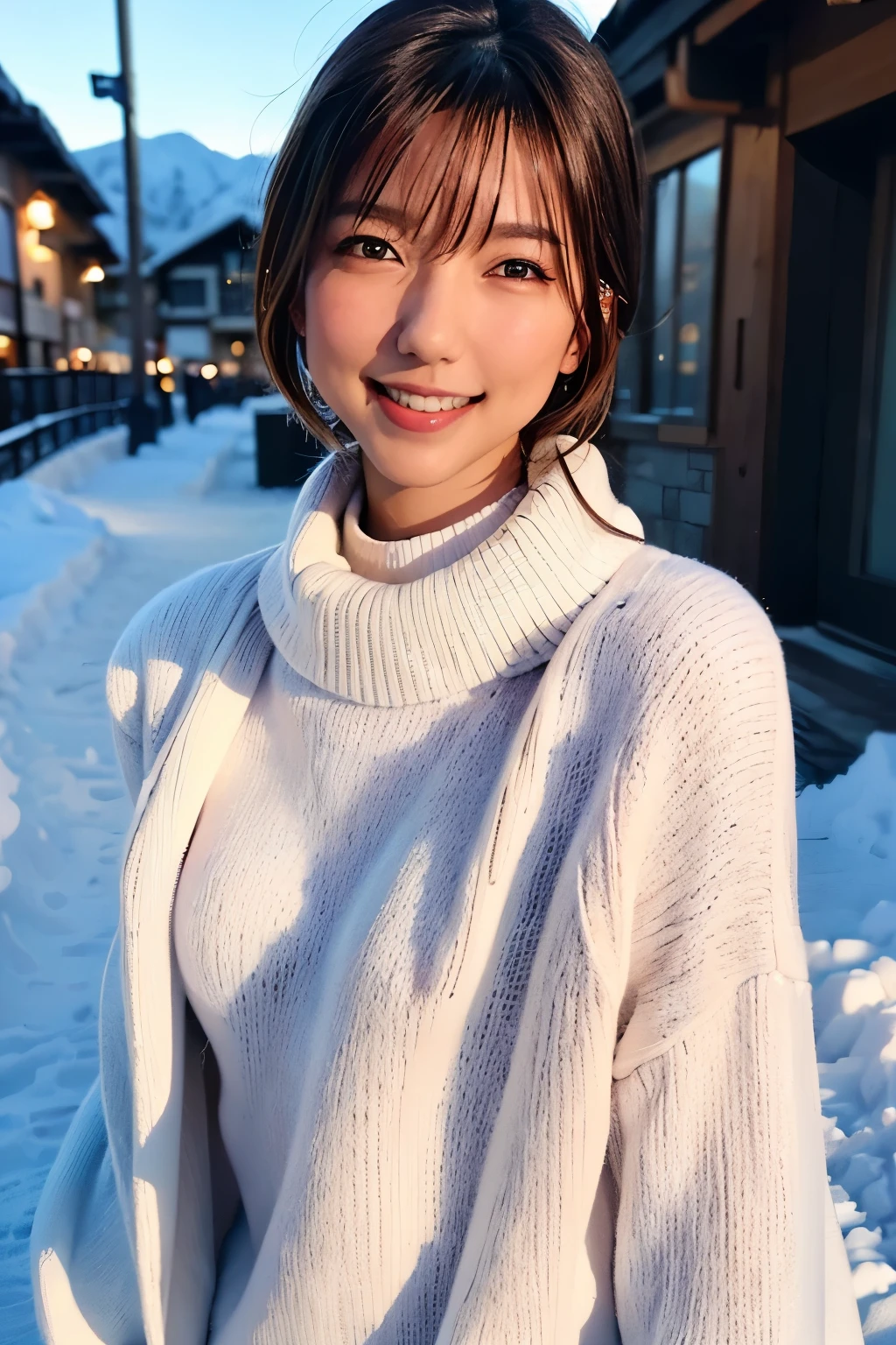 One girl,(Wearing a turtleneck sweater),(Winter jackets),(RAW Photos, Best Quality), (Realistic, photo-Realistic:1.4), masterpiece, Very delicate and beautiful, Very detailed, 2k wallpaper, wonderful, In detail, Very detailed CG unity 8k wallpaper, Super detailed, High resolution, Soft light, Beautiful detailed girl, Very detailed eyes and face, Beautifully detailed nose, Beautiful detailed eyes,Cinematic Lighting,Snow Scene,Ski Resorts,Snowfield,Snow Mountain,Perfect Anatomy,Slender body,smile  