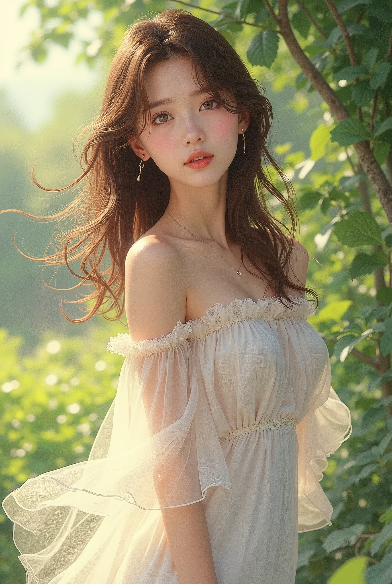  Straw Hat , Brown haired girl, white dress,  see-through, ((Model K-pop idol)),  facing the front,  Lush Scenery , The wind blows through,   strong sunshine ,  clear contrast , masterpiece,  top quality,  top quality,  detailed illustration art, 