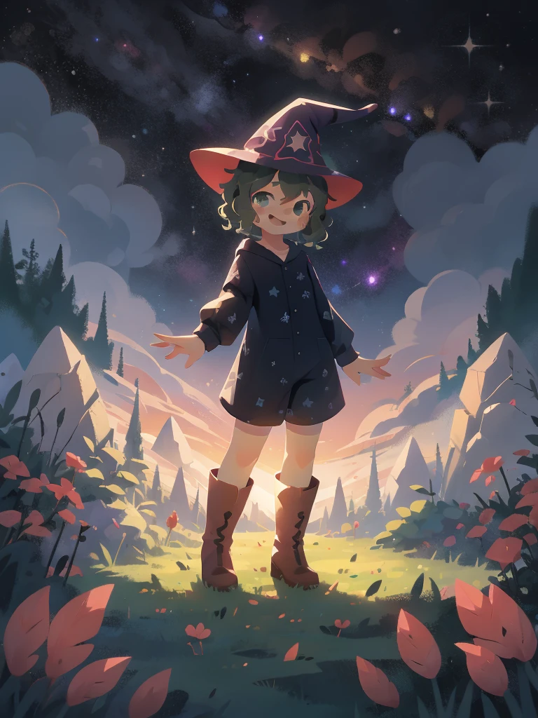 1girl, black curly short hair, smile, green eyes, space, black Pajamas, blacl wizard hat, on a grass field, full body, brown boots, also have a friend a black void jester that looks 2D,