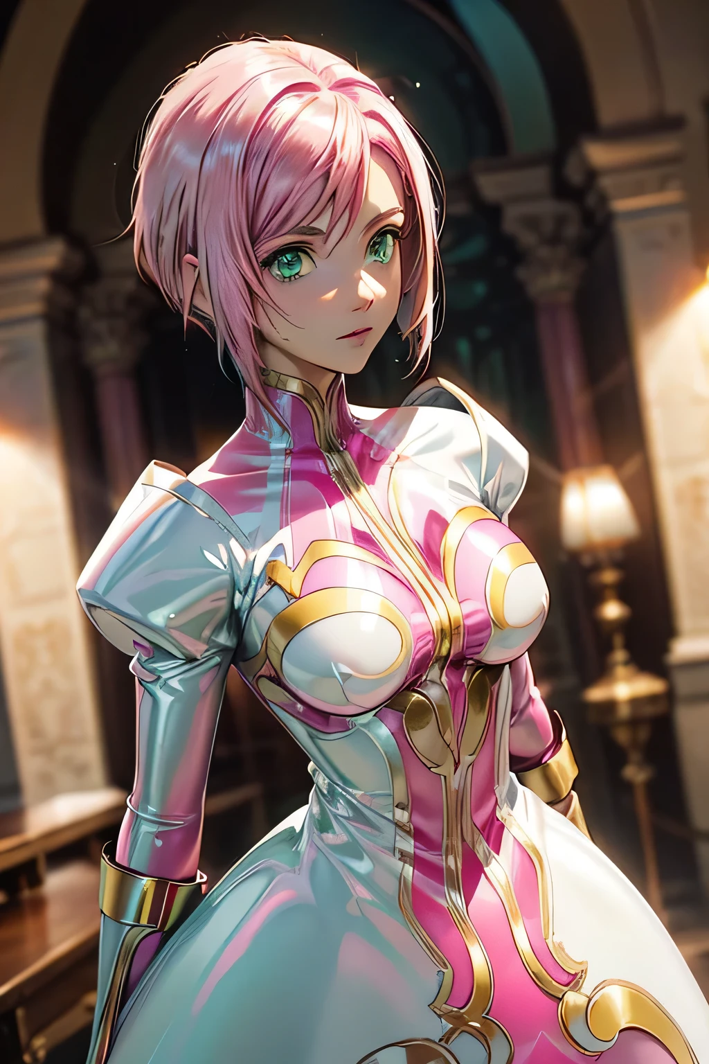  Perfect Anatomy　 top quality, highest resolution,(((metallic shiny latex white dress　 green eyes　shiny pink hair　small breasts)))　Estellise　[blurry]　16k　Castle