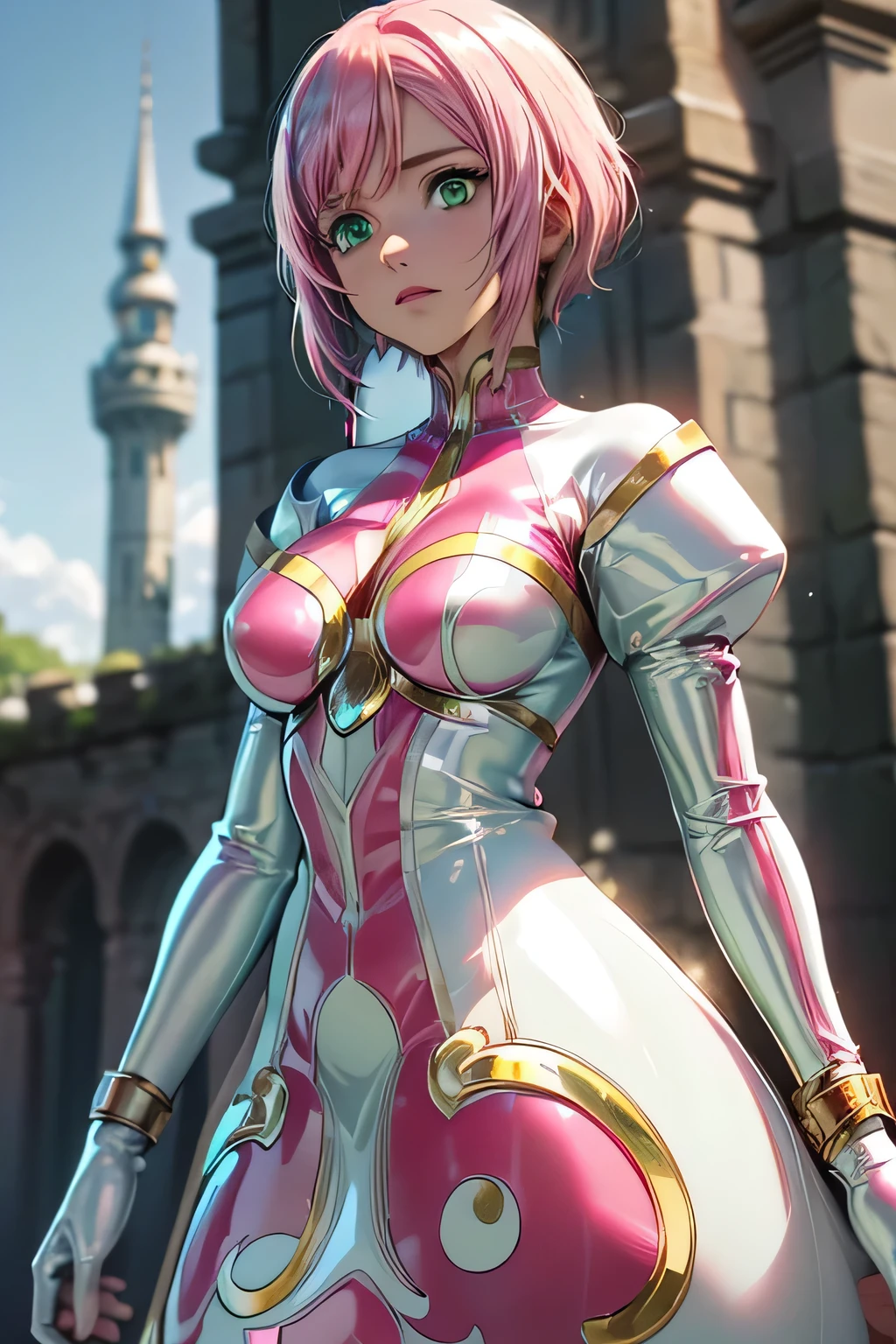  Perfect Anatomy　 top quality, highest resolution,(((metallic shiny latex white dress　 green eyes　shiny pink hair　small breasts)))　Estellise　[blurry]　16k　Castle