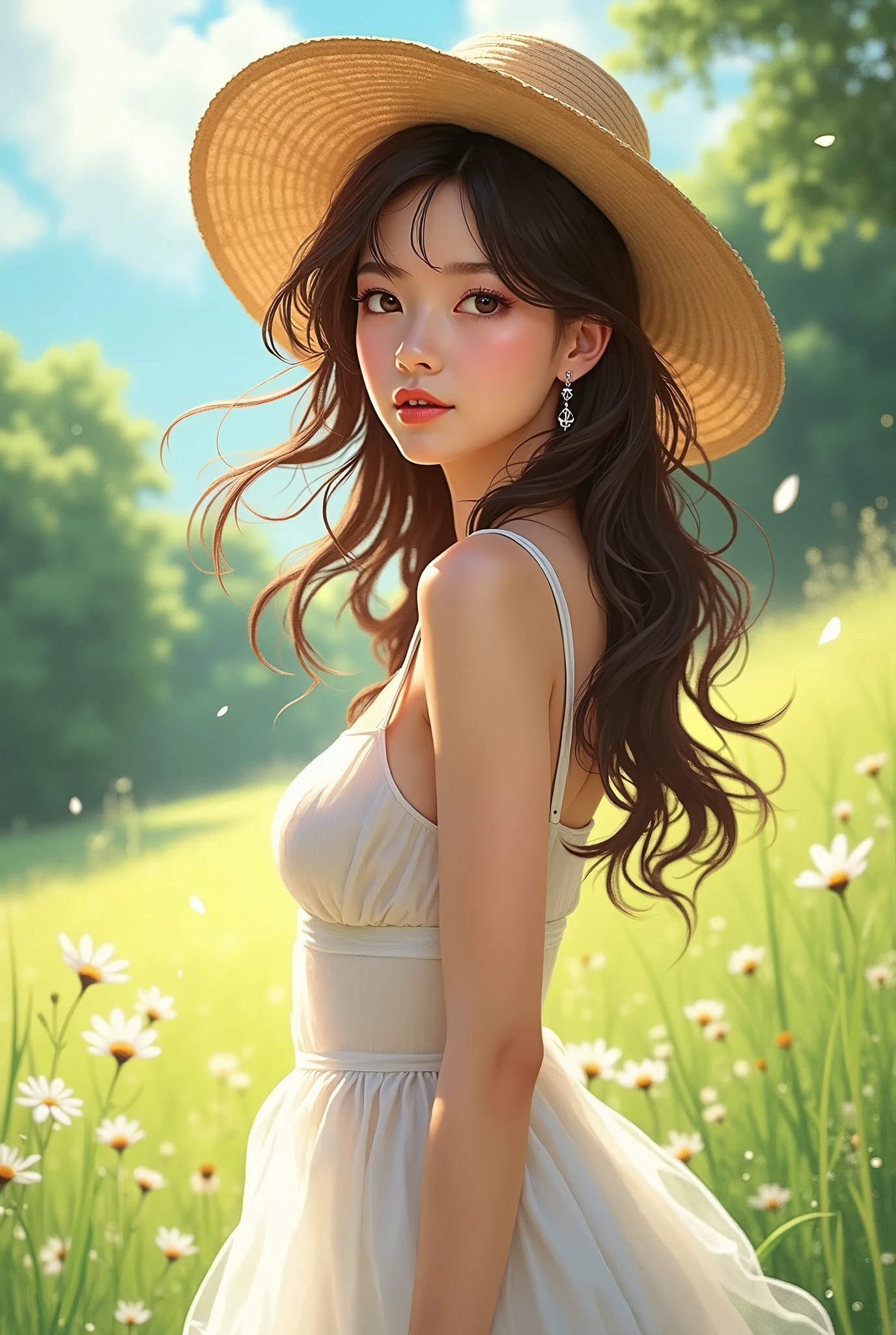  Straw Hat , Brown haired girl,  has her butt hidden in a , (Model Alice Hirose ), white dress,  see-through,  earrings,  facing the front,  beautiful big breasts ,  Lush Scenery , The wind blows through,   strong sunshine ,  clear contrast , masterpiece,  top quality,  top quality,  detailed illustration art, 