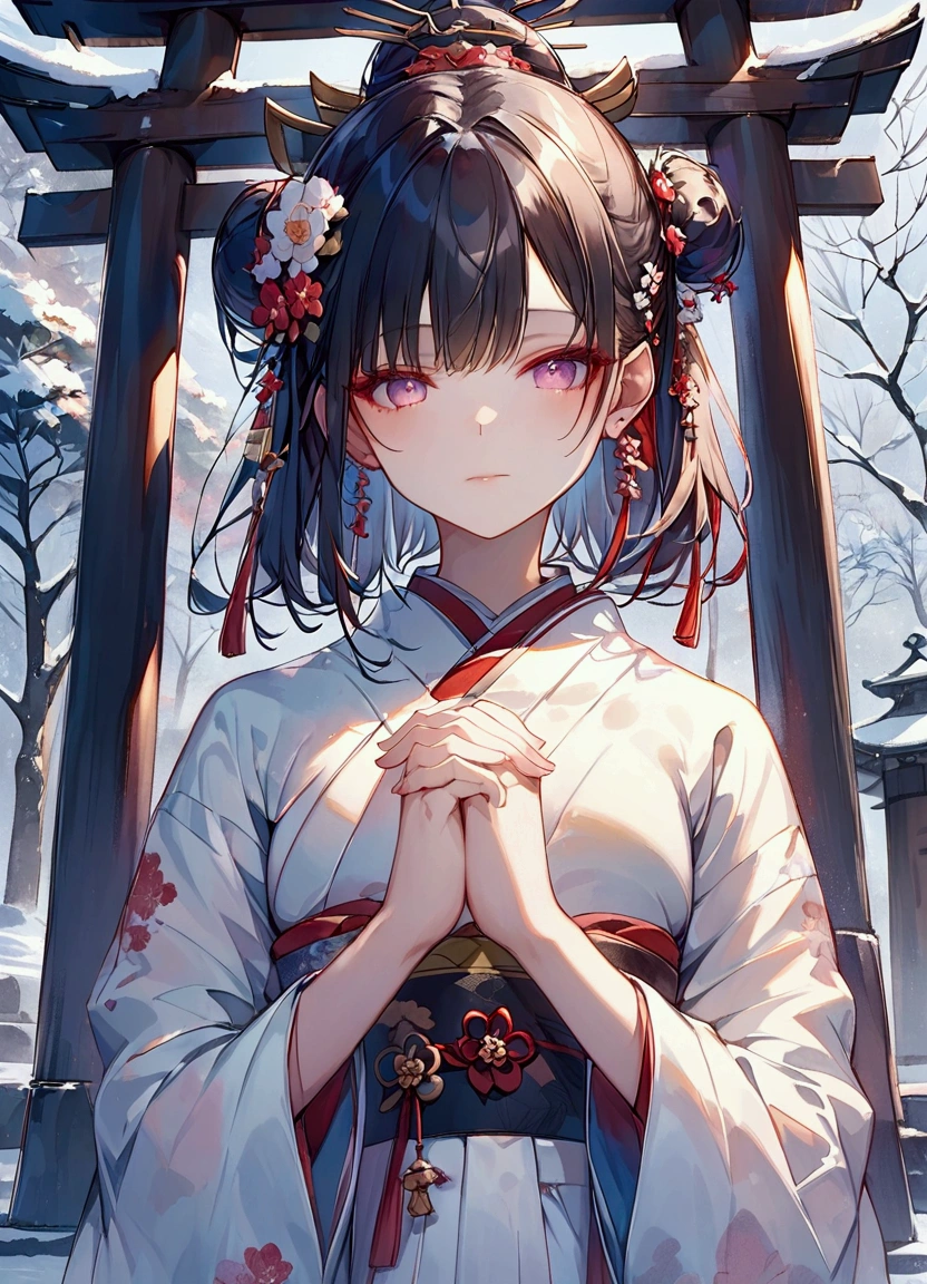 Masterpiece, highest quality, highest quality, detailed, beautiful, delicate, watercolor,front shot,A serene New Year's Eve scene at a Japanese shrine. A beautiful young girl dressed in an elegant traditional kimono with intricate floral patterns in red and gold stands in front of a wooden shrine, clasping her hands together in prayer. Her black, silky hair is styled in a simple bun adorned with a delicate hairpin featuring plum blossoms. Snow gently falls around her, creating a tranquil and festive atmosphere. Soft lantern light illuminates her face, highlighting her peaceful expression. Behind her, a stone torii gate and snow-covered trees complete the scene, with faint glimpses of other visitors in the background. The setting captures the solemnity and hope of New Year's prayers,4Kgraphic,