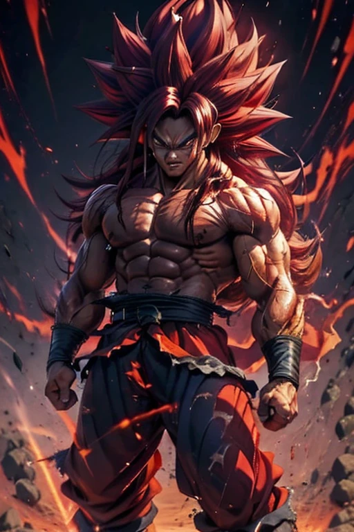 1man, Long Hair, High Resolution, Saiyan, Dark saiyan, evil aura, red aura, dark hair, angry smile, dark pants, boots, belt, muscular, primal saiyan