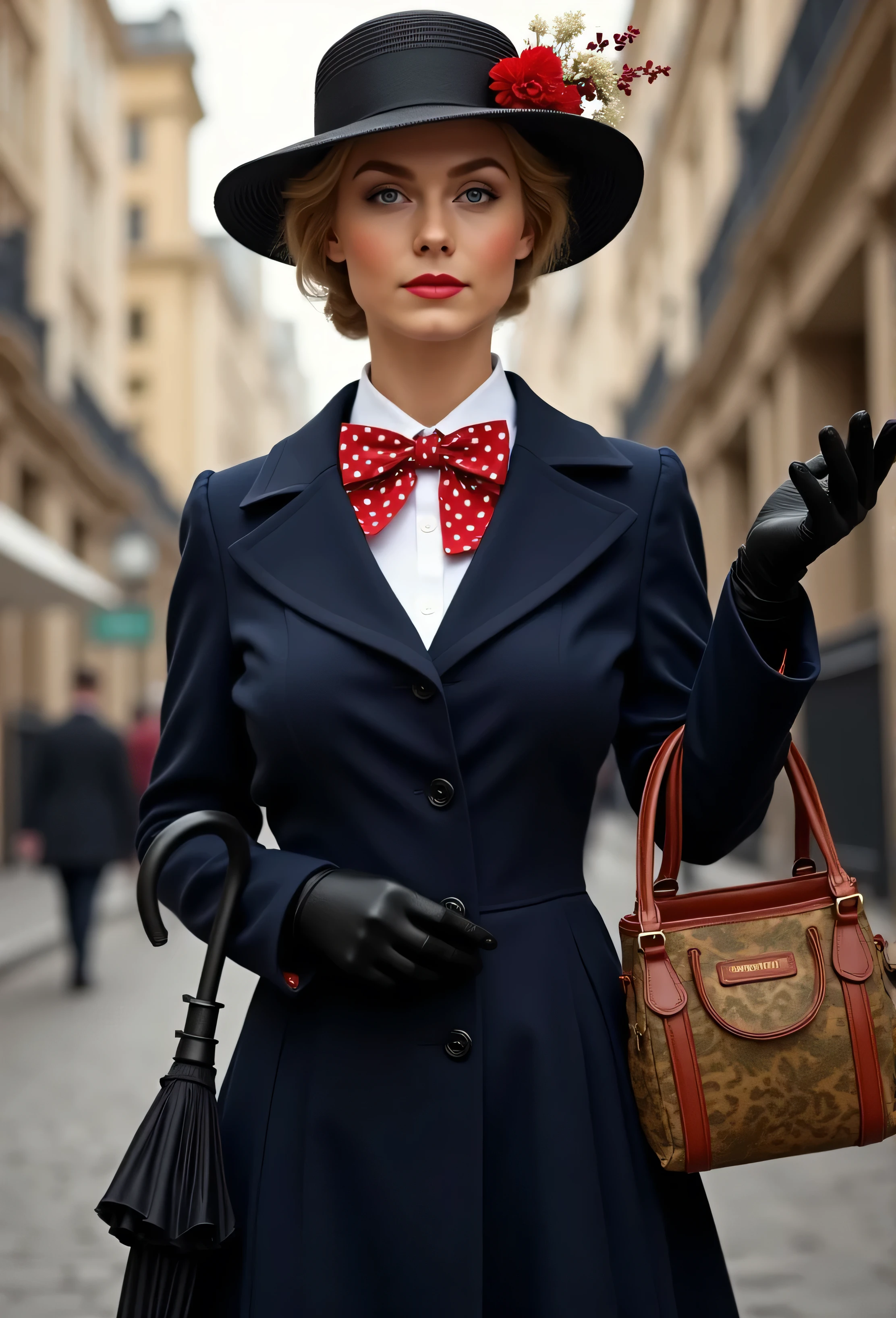 Create a realistic portrait, depiction of Nancy Ace as Mary Poppins. She is wearing a tailored navy-blue coat with a fitted waist and flared hem, buttoned neatly over a crisp white blouse with a red and white polka-dot bow tie at the collar. She holds a black umbrella with a parrot-shaped handle in one hand and an intricately patterned vintage carpet bag in muted tones in the other. Her short, wavy blonde hair is styled neatly beneath a black straw boater hat adorned with a small red flower and delicate berries. Her makeup is classic, with rosy cheeks and soft red lipstick, complementing her warm, refined look. The background is an Edwardian London street scene, softly lit to evoke a magical and nostalgic atmosphere



