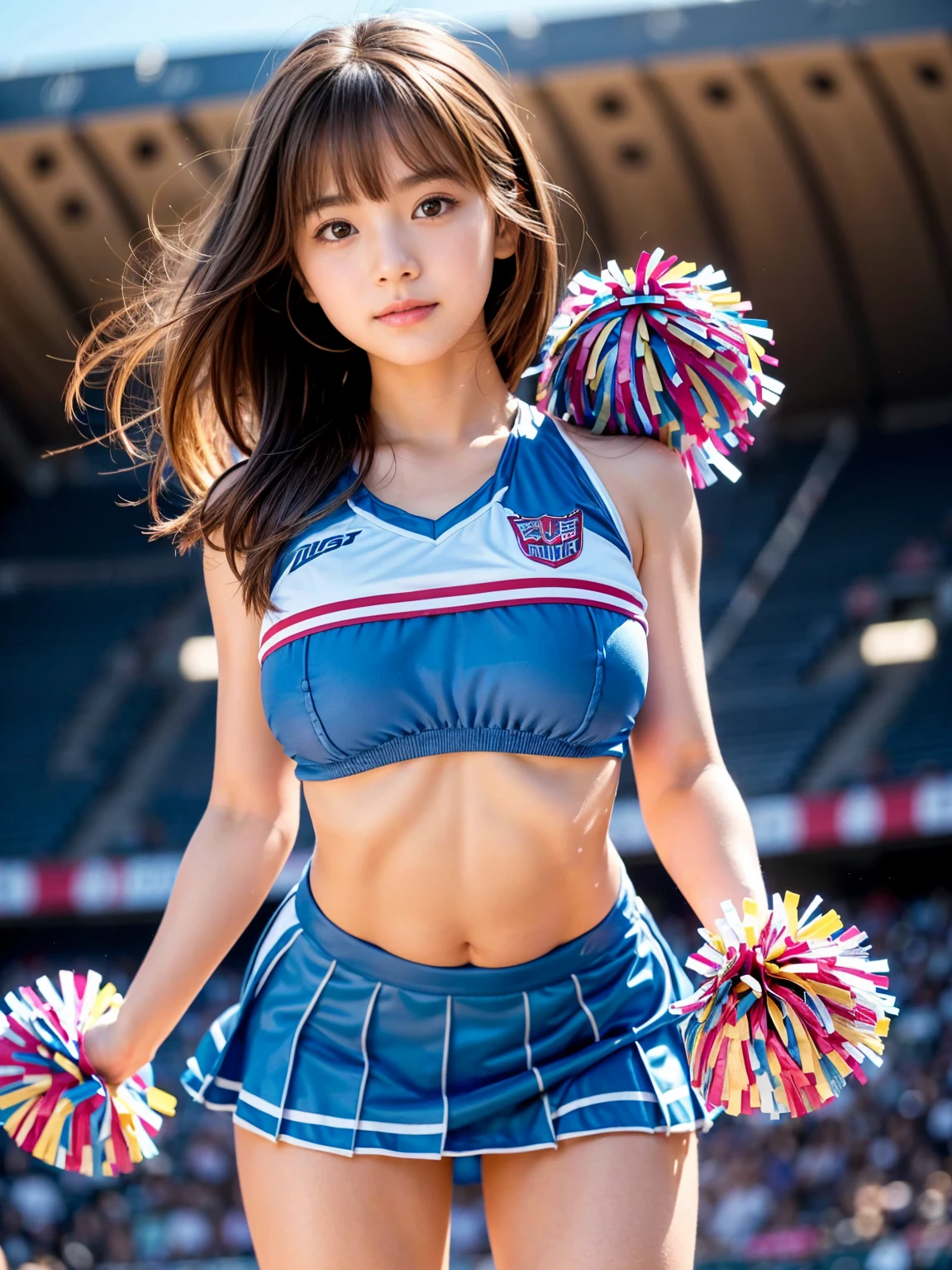 (((top-quality、8K、photographrealistic:1.4、masterpiece)))、Back lighting、Highly detailed facial texture woman、18year old、(((Blue Cheerleader:1.2)))、((Stadium Background:1.2))、A smile、Shiny blonde hair and short hairstyle、a blond。short-hair。Parted sleeves, bare shoulders, Center opening, cleavage of the breast, Central chest,crouching cowgirl、bow ribbon、Kneeling