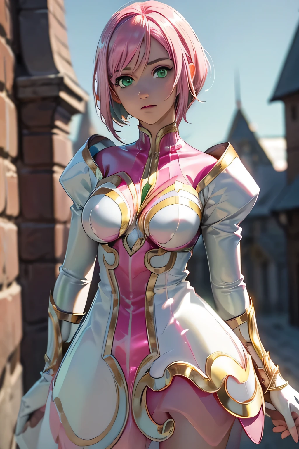  Perfect Anatomy　 top quality, highest resolution,(((metallic shiny latex white dress　 green eyes　shiny pink hair　small breasts)))　Estellise　[blurry]　16k　Castle