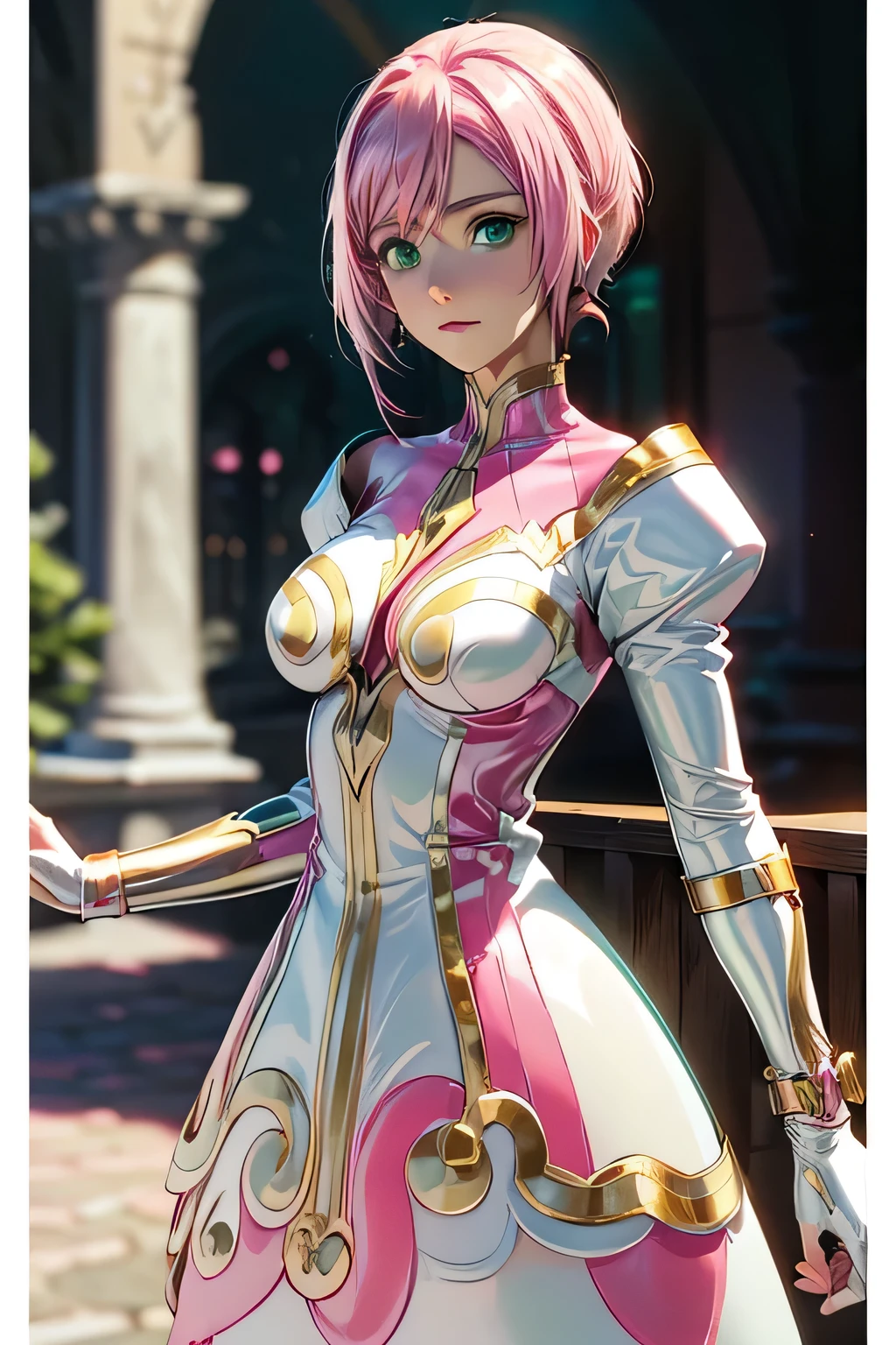  Perfect Anatomy　 top quality, highest resolution,(((metallic shiny latex white dress　 green eyes　shiny pink hair　small breasts)))　Estellise　[blurry]　16k　Castle